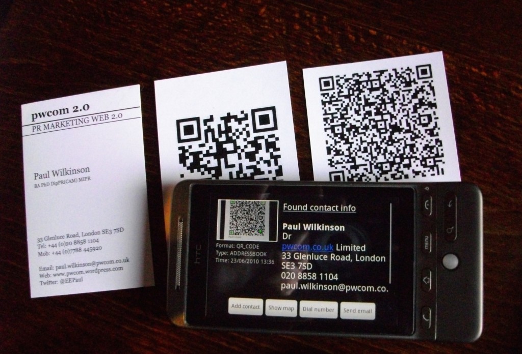 Business cards don’t have to be an outdated waste of paper - they can be places for innovation, like the cards here that integrate a QR code that then load the contact info of the card's creator onto the phone that scans it, that serve as a memorable hook for potential customers. | Image Attrib.: Flickr user EEPaul